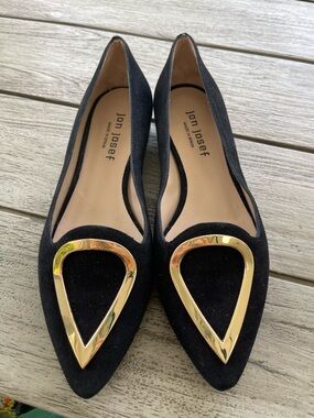 Jon Josef Reina Black Suede Pointed Toe Flats with Gold Accent Womens Size 6.5
